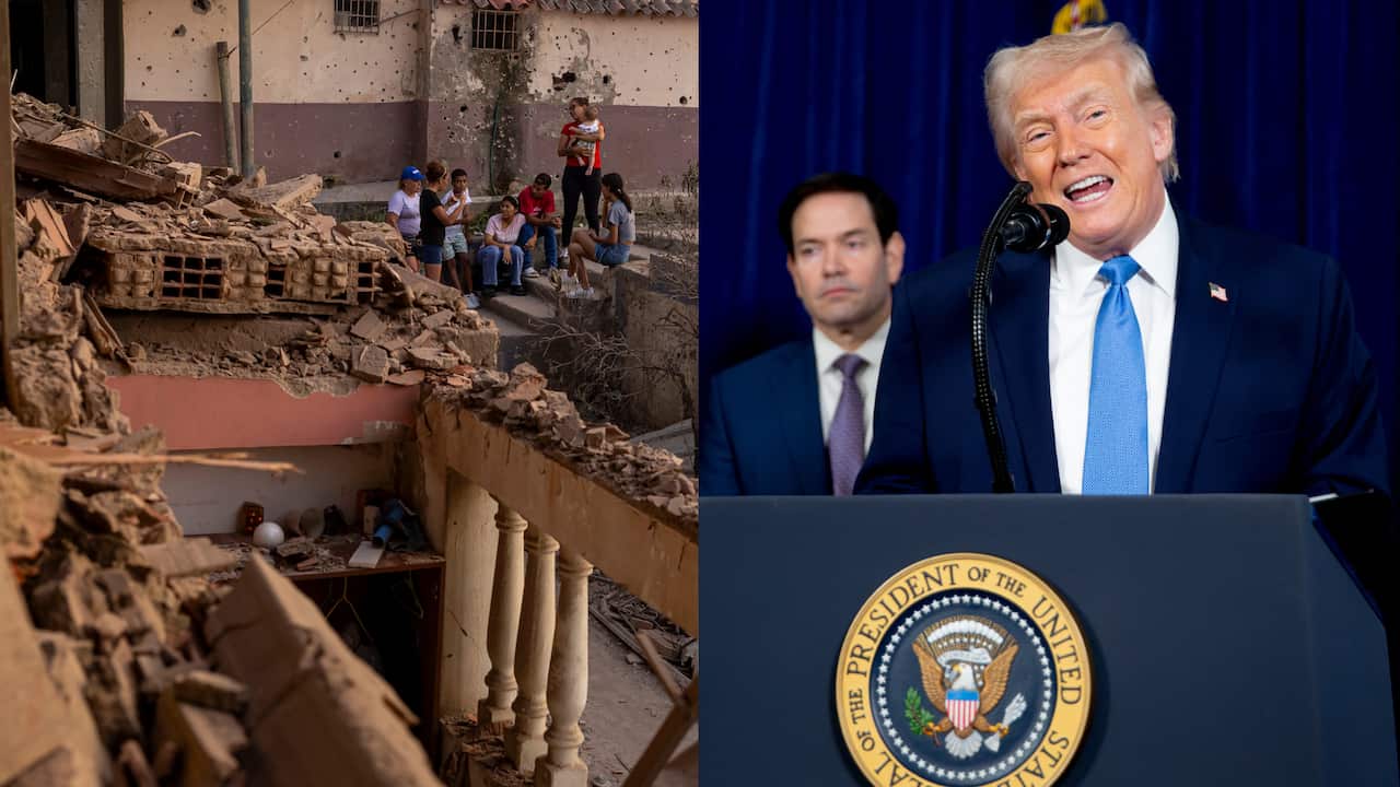 A composite image of a group of people sitting on a destroyed building on the left and a man in a dark blue suit on the right