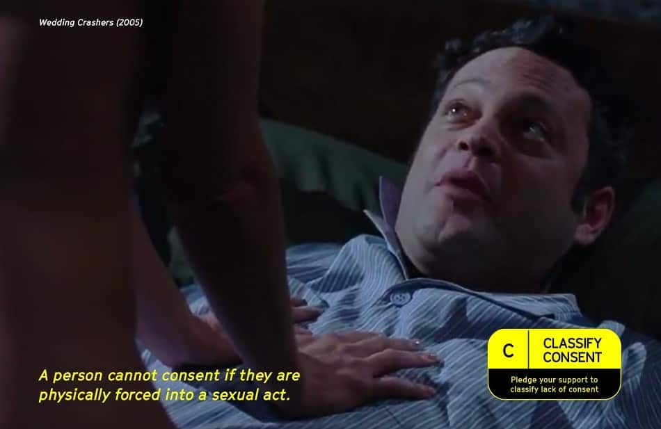 A woman is sitting on a man with her hands on the man's chest. The man is lying in bed and wearing pyjamas. A consent warning reads: 'A person cannot consent if they are physically forced into a sexual act.'