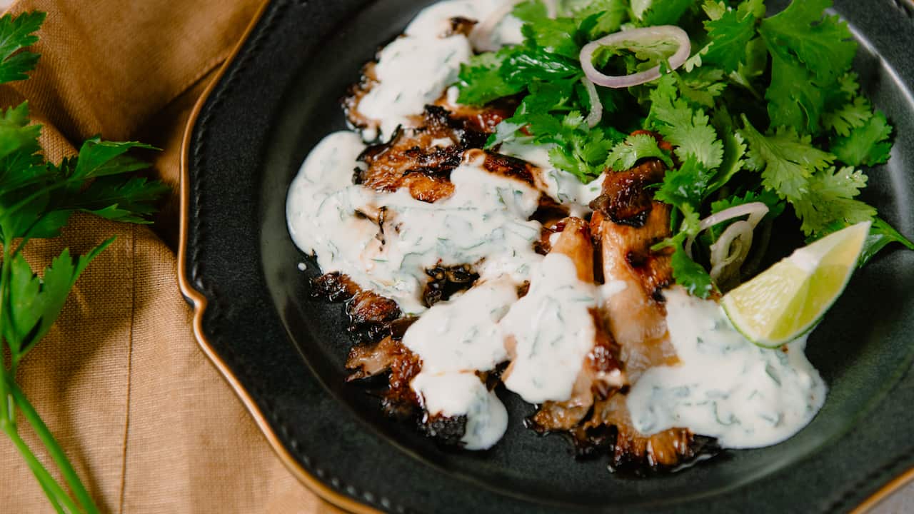 Grilled oyster mushroom with herb yoghurt sauce