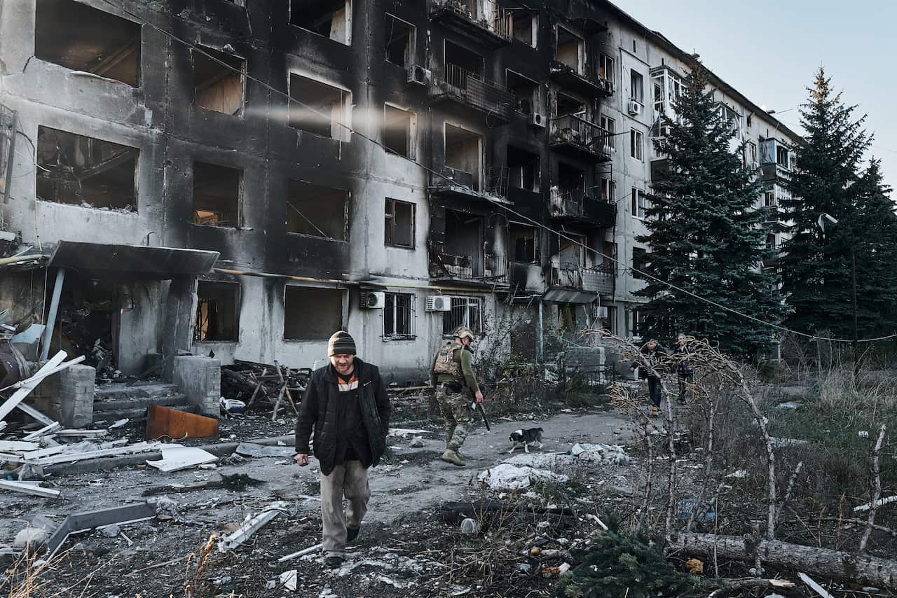 A bombed out building in the city of In Avdiivka in the Donetsk region of Ukraine