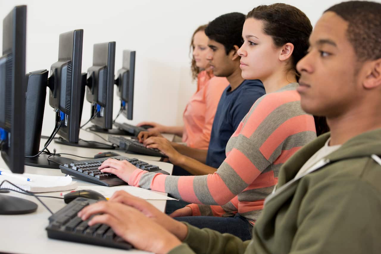 Students taking test in class