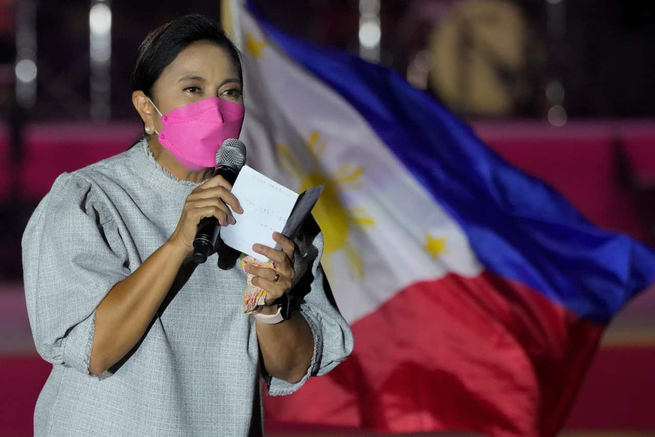 Vice President Leni Robredomaddresses the crowd during a campaign rally in Pasay City, Philippines.