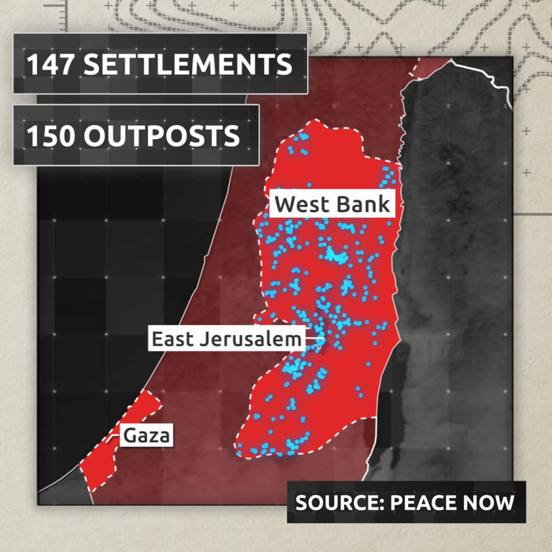 A map showing the West Bank, East Jerusalem and Gaza with a key for 147 settlements and 150 outposts