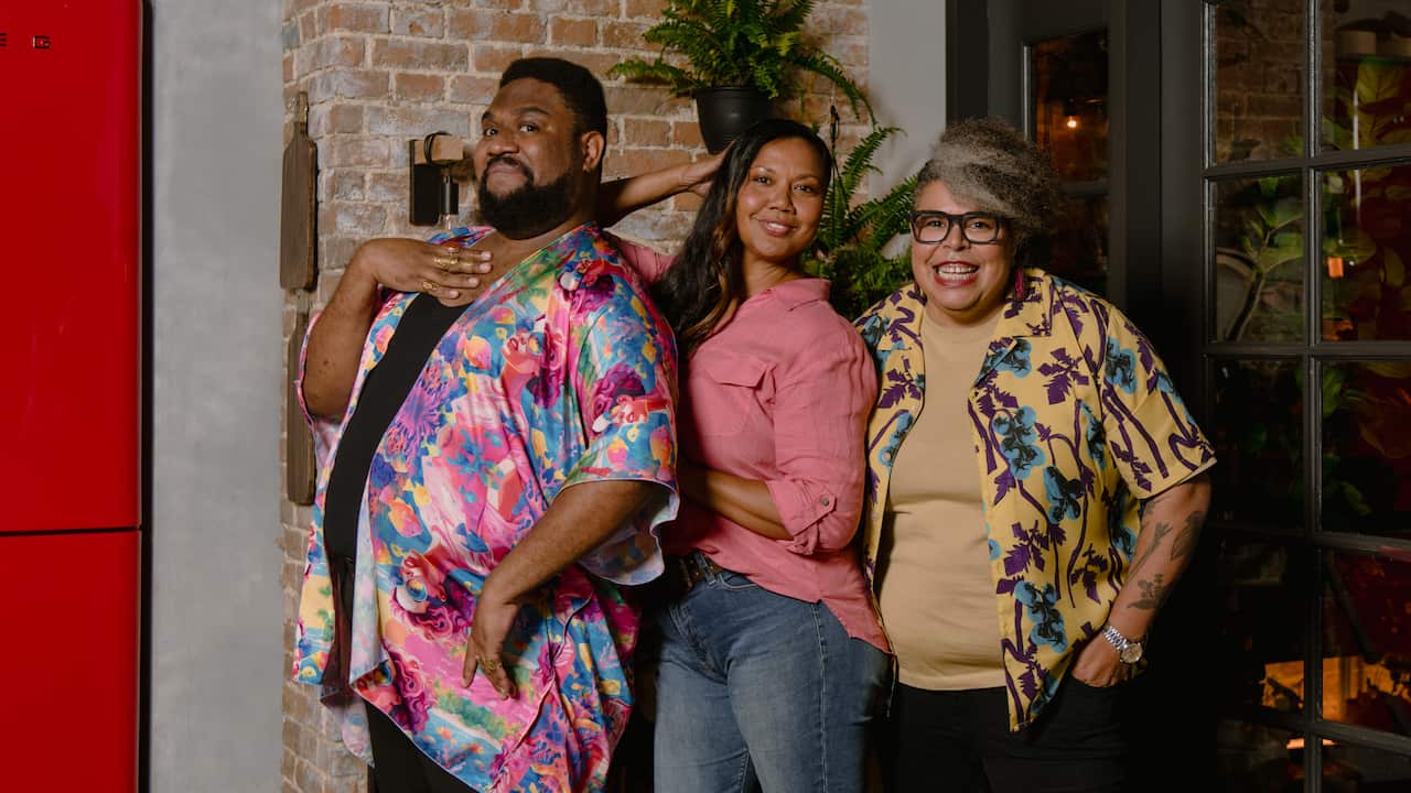 The Cook Up. NAIDOC episode. L-R comedian Jay Wymarra, bestselling author Samantha Martin AKA Bush Tukka Woman and Nornie Bero (2). Credit Jiwon Kim and SBS Food..jpg