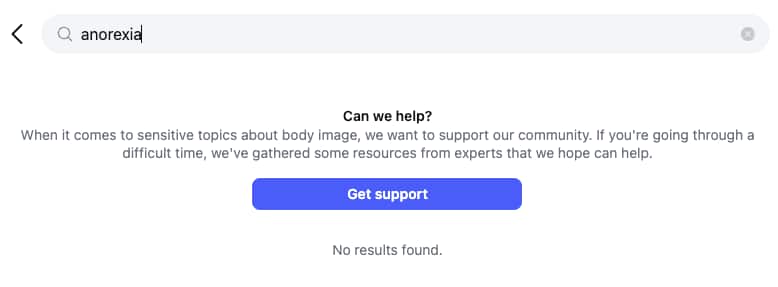 A screenshot showing a message of support on Instagram when someone searches for 'anorexia'.