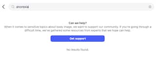 A screenshot showing a message of support on Instagram when someone searches for 'anorexia'.