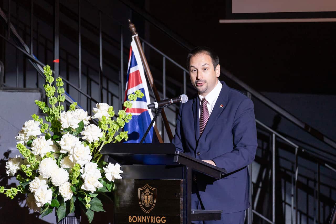 Serbian ambassador in Australia HE Rade Stefanovic adresses the audience during 2023 Serbian Folkloric Festival opening ceremony
