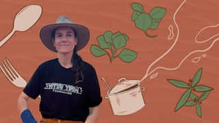 A stylised image of a First Nations woman wearing a black top and a matching hat. There is a food pot, bush flowers and cutlery sketched in the background.