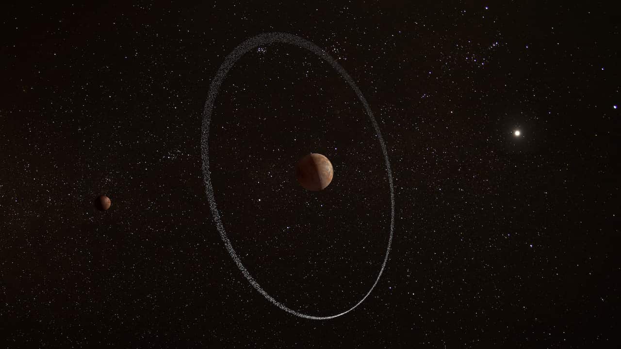 An artist's impression of dwarf planet Quaoar in space, with a planetary ring around it with orbiting stars