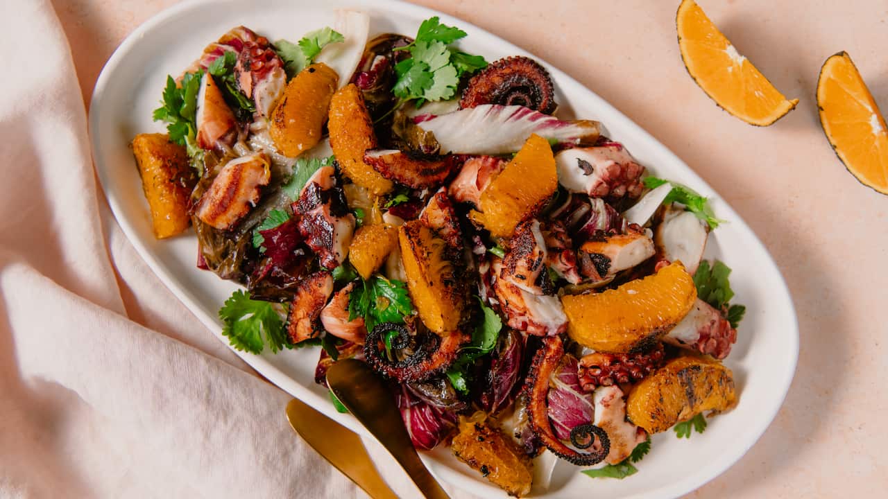 Octopus tentacles with radicchio & orange salad