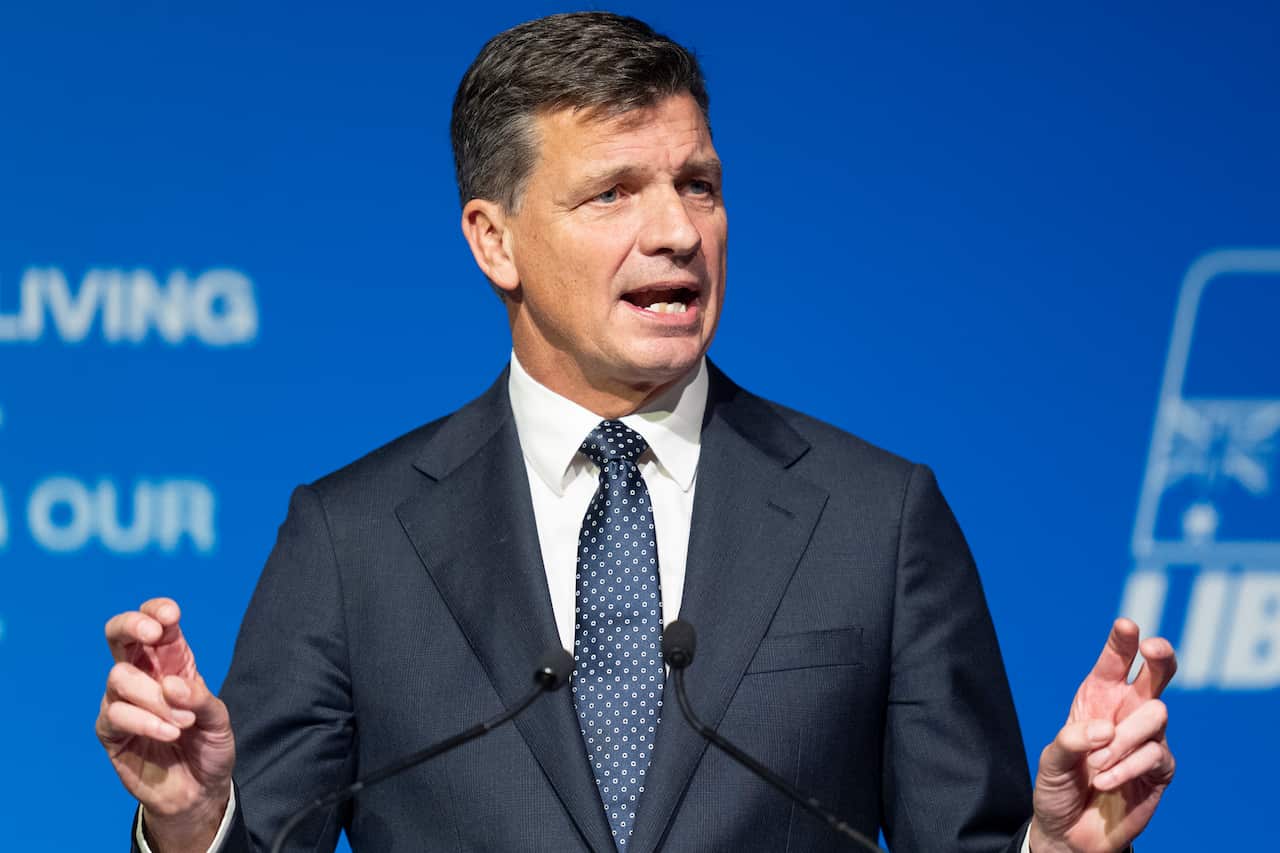 Opposition leader Angus Taylor speaks at a podium against a blue backdrop.
