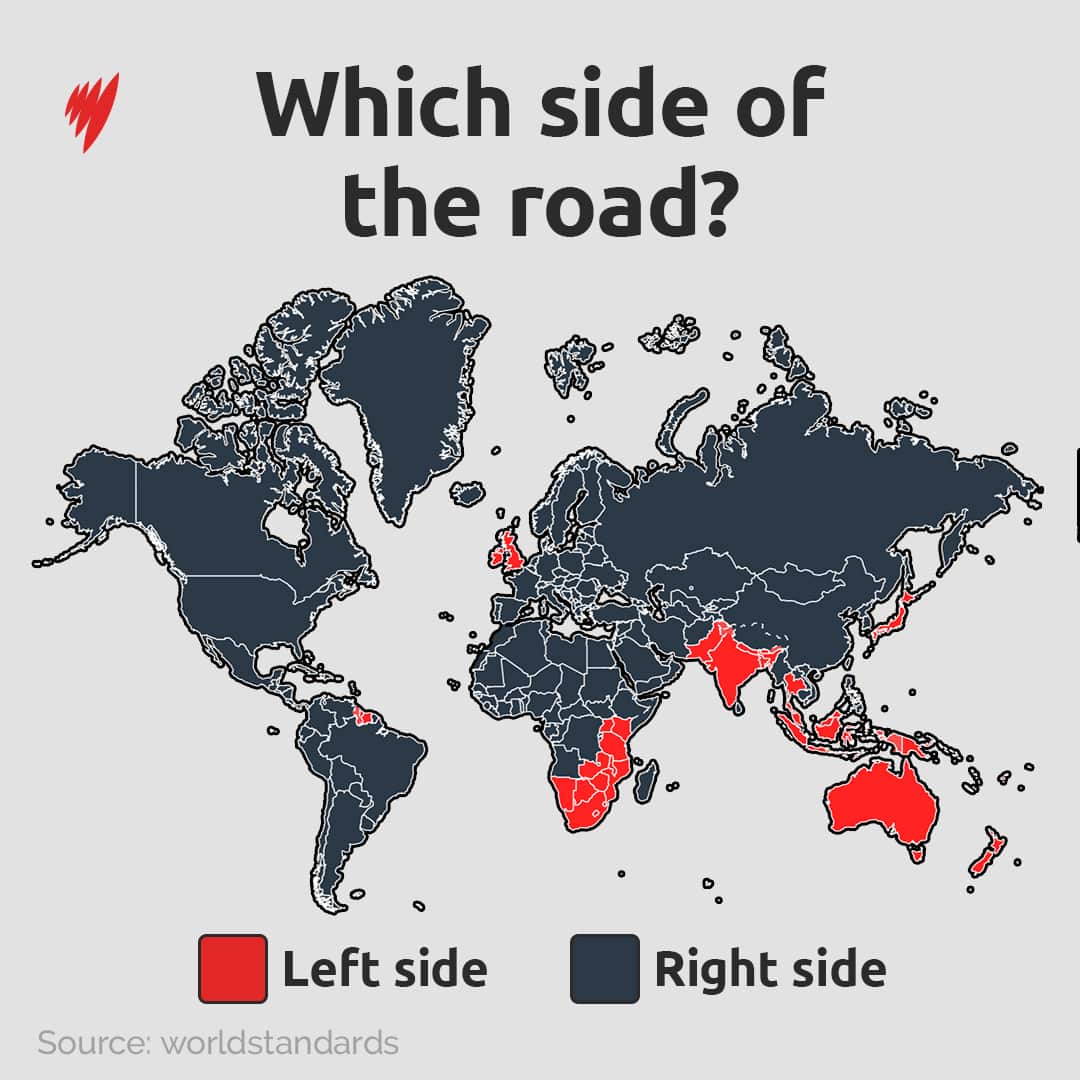 World map showing which side of the road countries drive on.