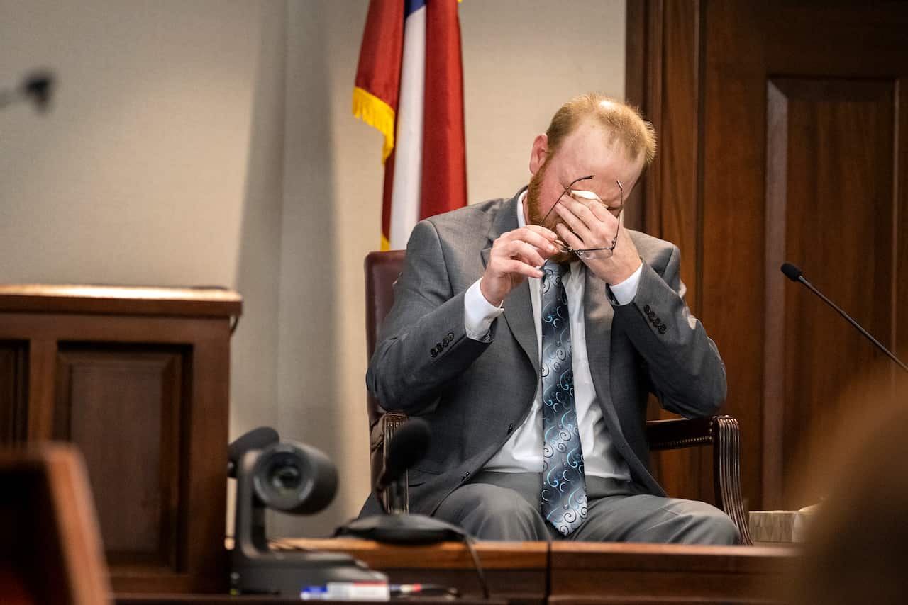 Travis McMichael reacts to questions during his testimony in his trial in the Glynn County Courthouse on 17 November, 2021 in Brunswick, Georgia. 