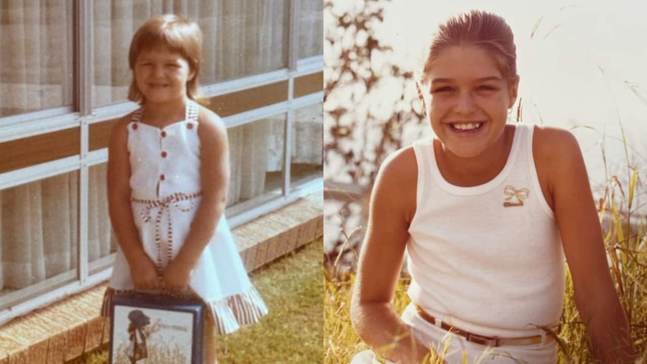 a side by side image of the same young girl at different ages. Left: holding a lunchbox in a backyard and right: sitting and smiling in a field