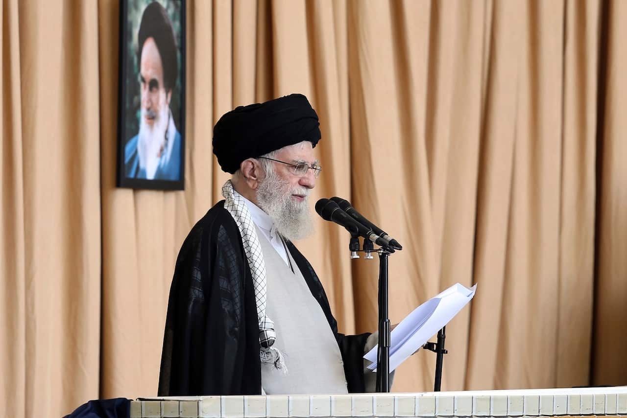 Supreme Leader Ayatollah Ali Khamenei delivers his sermon during Friday prayers at Imam Khomeini grand mosque.
