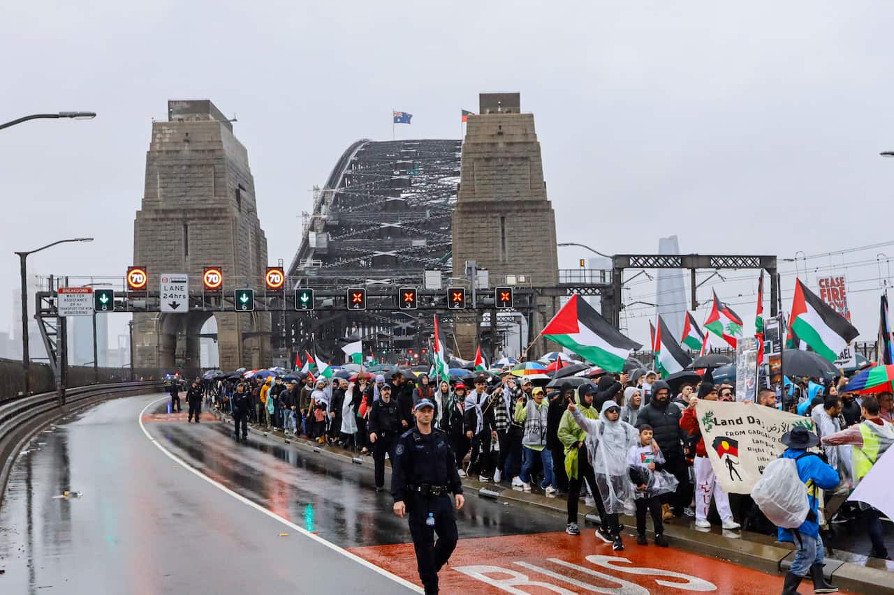 Protesters march across the Sydney Harbour Bridge during the