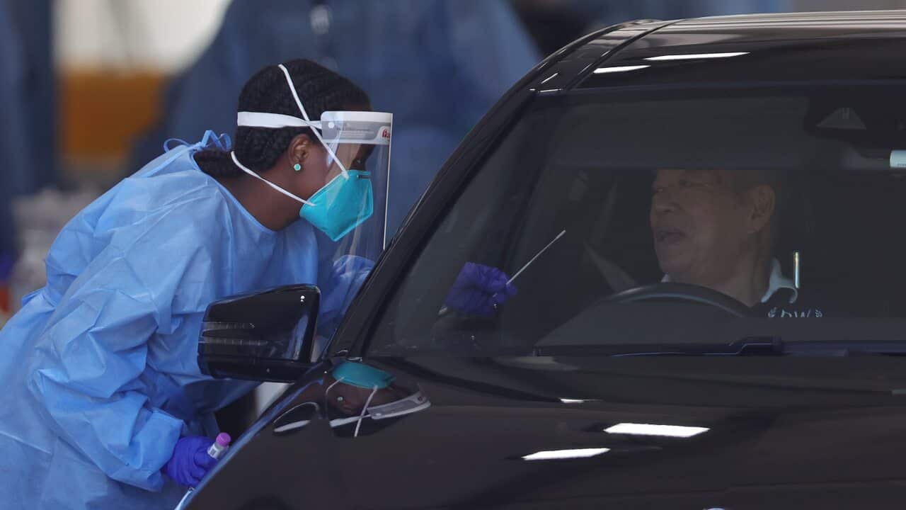 A health staff member is seen administering a PCR test at a drive-through COVID-19 testing site at Albert Park in Melbourne.