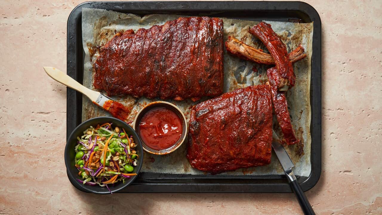 Gochujang ribs and satay coleslaw