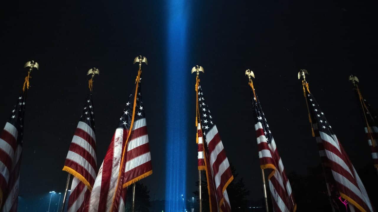 A beam of light are seen over the Pentagon, as part of the Towers of Light Tribute marking the 19th anniversary of the 9/11 attack on the Pentagon.
