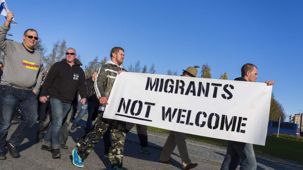 Anti-migration protesters attend a rally at the border town Tornio between Sweden and Finland.