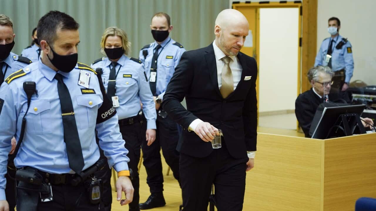 Norwegian mass killer Anders Behring Breivik enters his parole hearing
