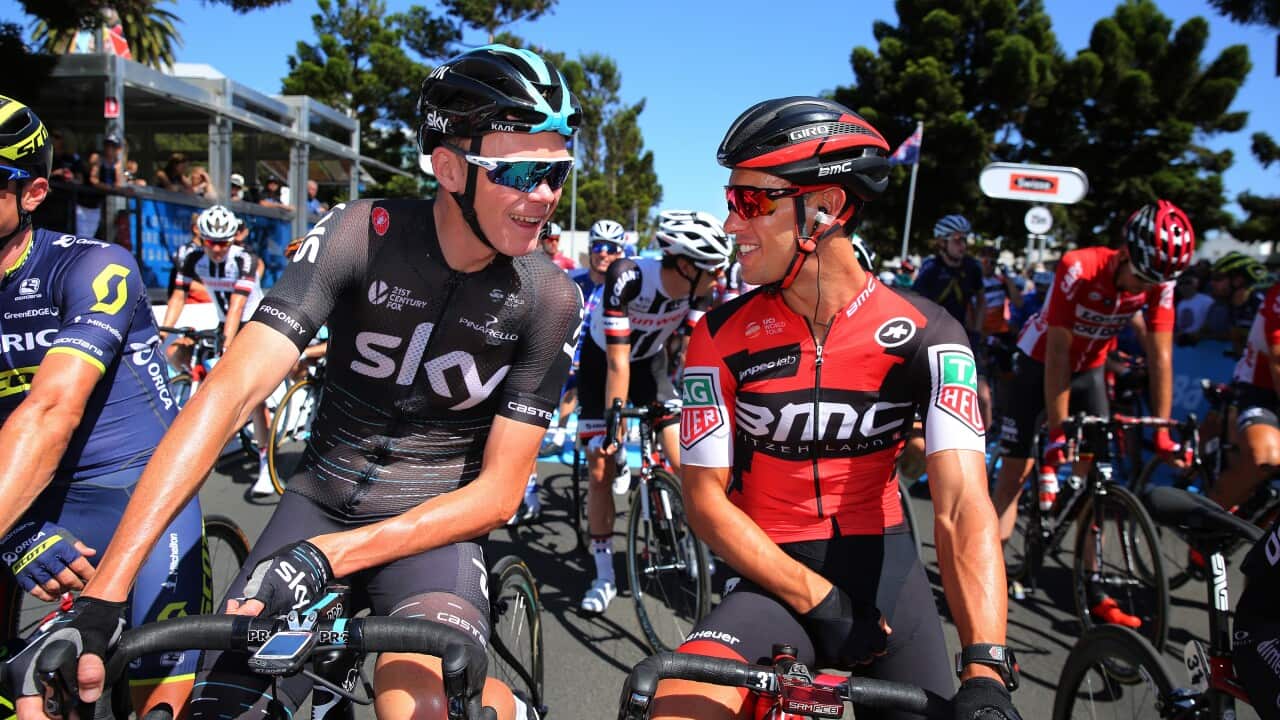 Chris Froome and Richie Porte at the start of the 2017 Cadel Evans Ocean Road Race (Getty)