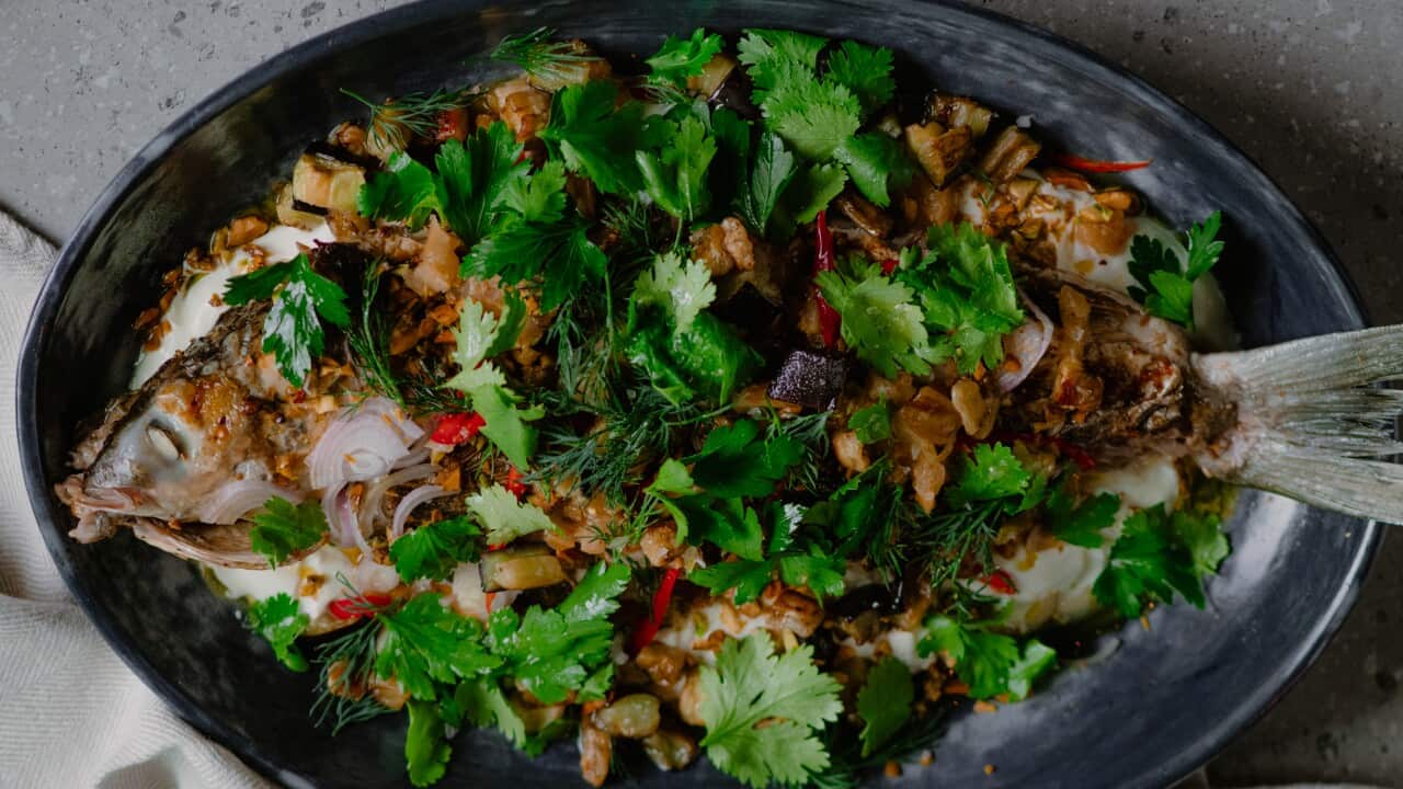 Mullet with eggplant, pistachio and lemon