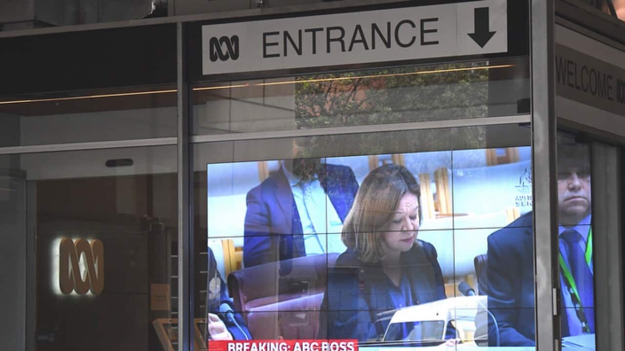 Michelle Guthrie seen on a television screen showing ABC News24 at the ABC Ultimo Offices in Sydney