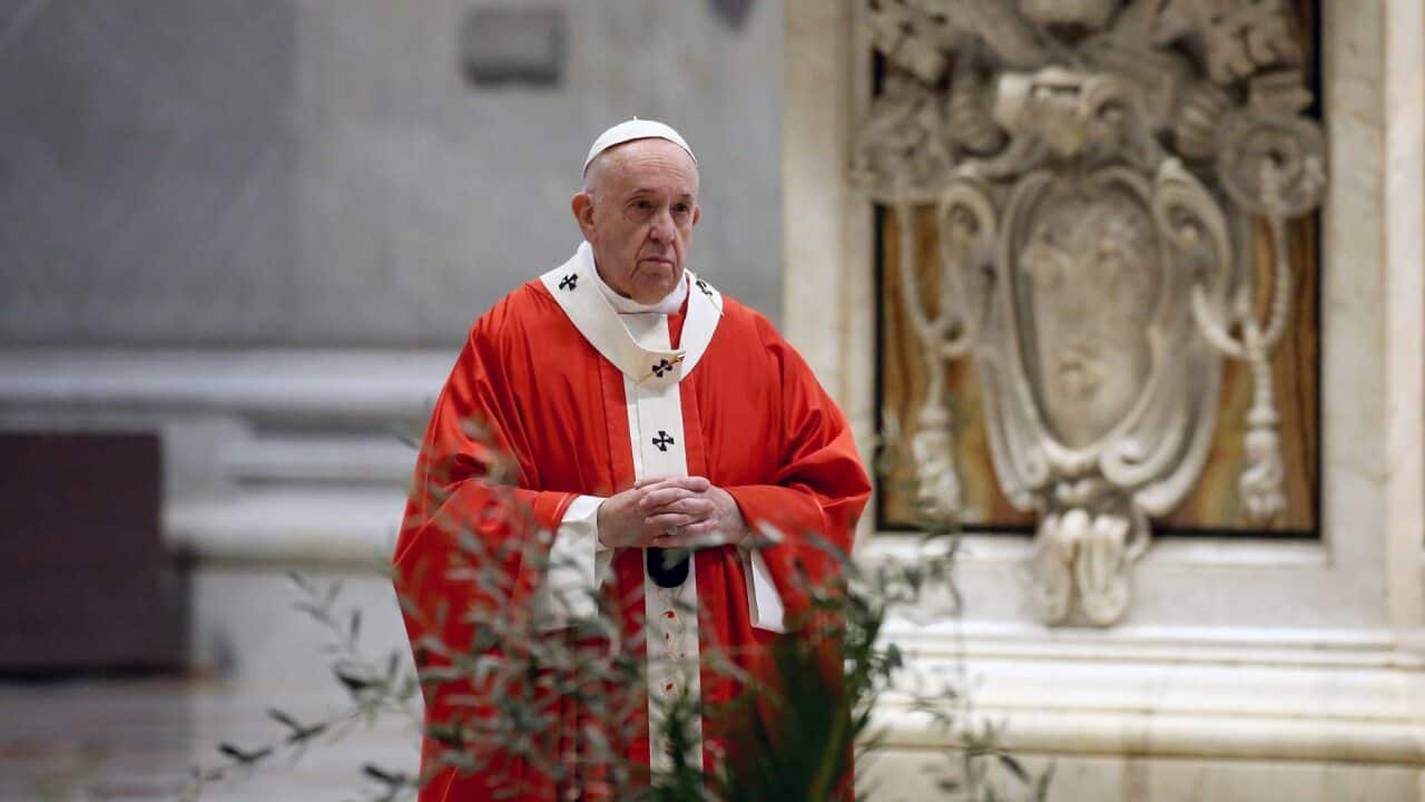 Palm Sunday mass celebrated by Pope Francis behind closed doors without believers due to the coronavirus pandemic.