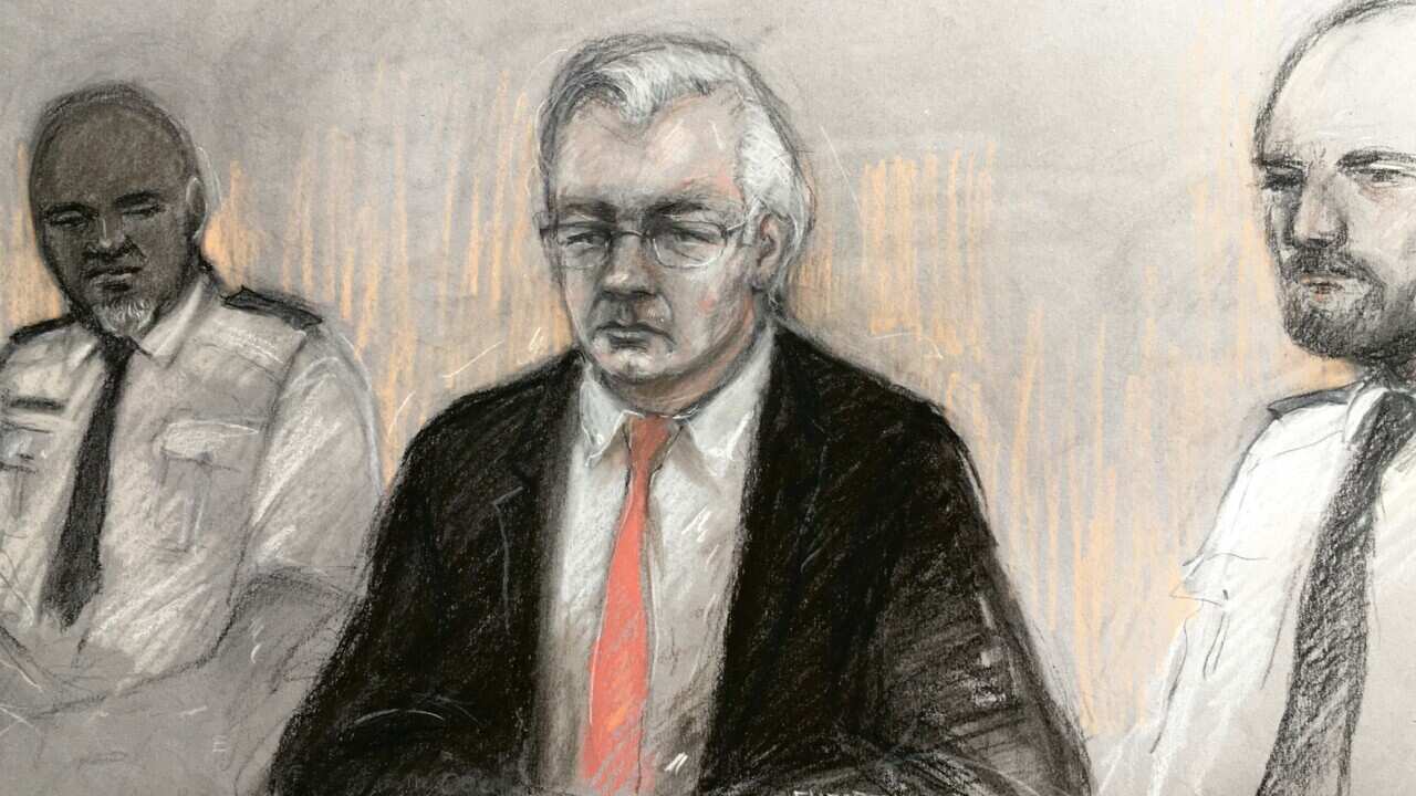 Court artist sketch Julian Assange appearing at the Old Bailey, London on Monday 7 September, 2020.