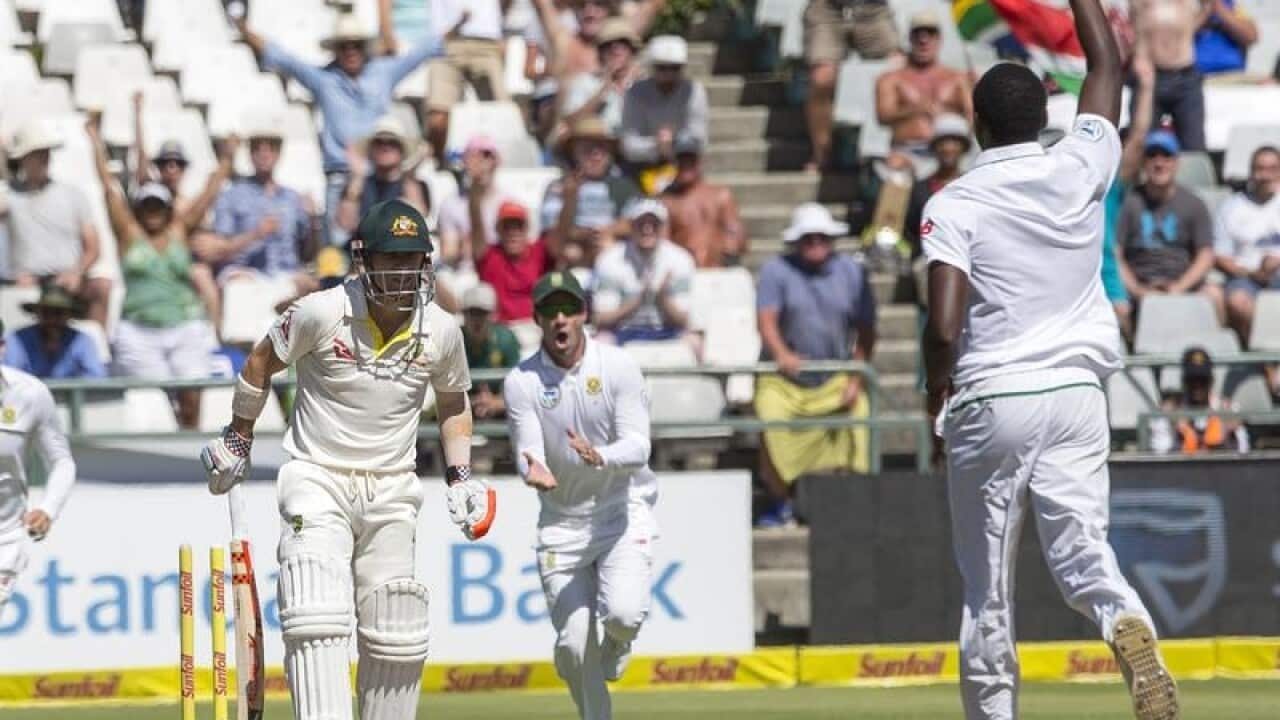 David Warner is bowled by Kagiso Rabada.