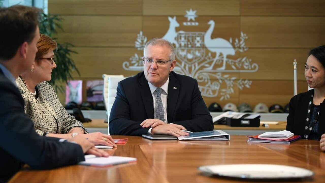 Prime Minister Scott Morrison and Foreign Minister Marise Payne during a meeting at the Commonwealth Parliament Offices in Sydney, Monday, May 20, 2019. (AAP Image/Joel Carrett) NO ARCHIVING