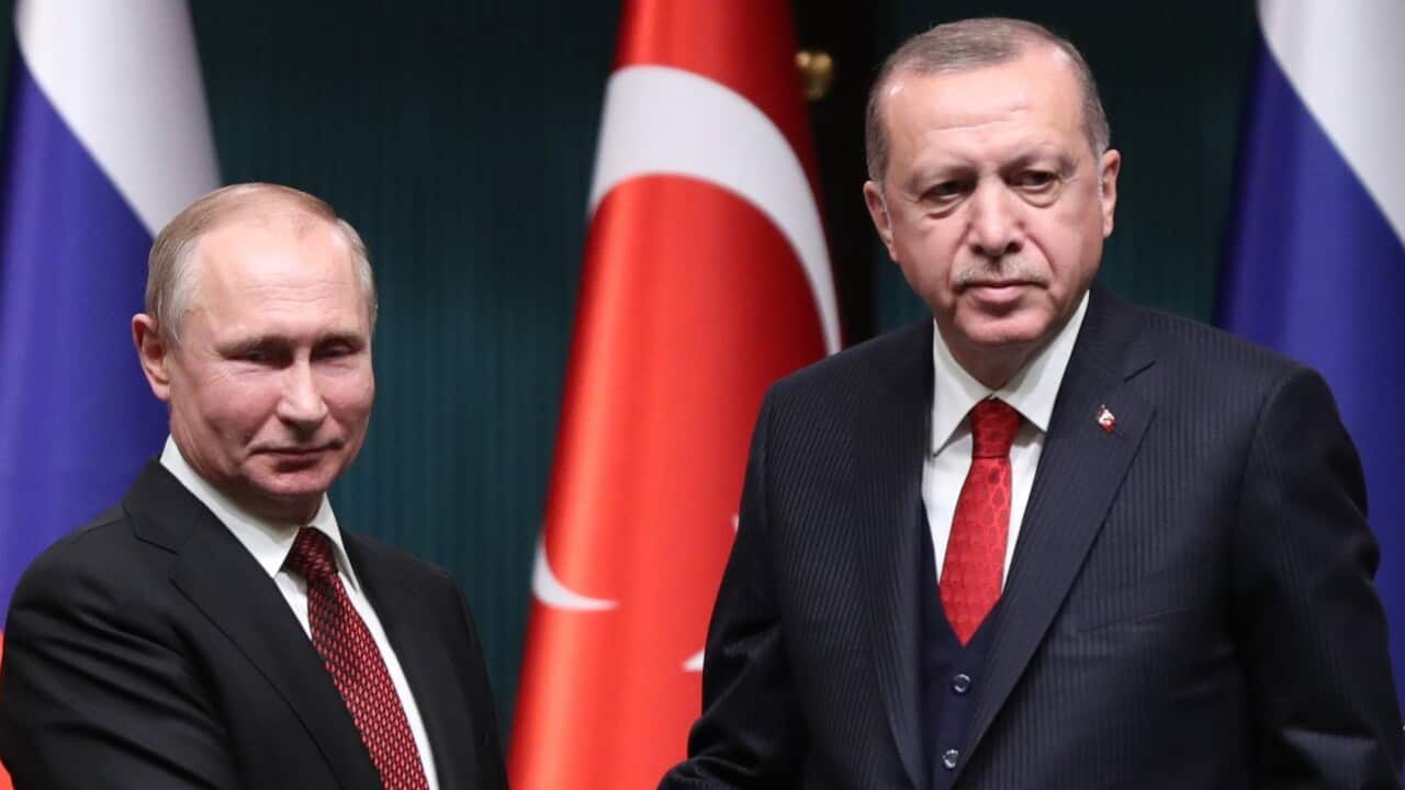 Turkish President Recep Tayyip Erdogan (R) shaking hands with Russian President Vladimir Putin (L)