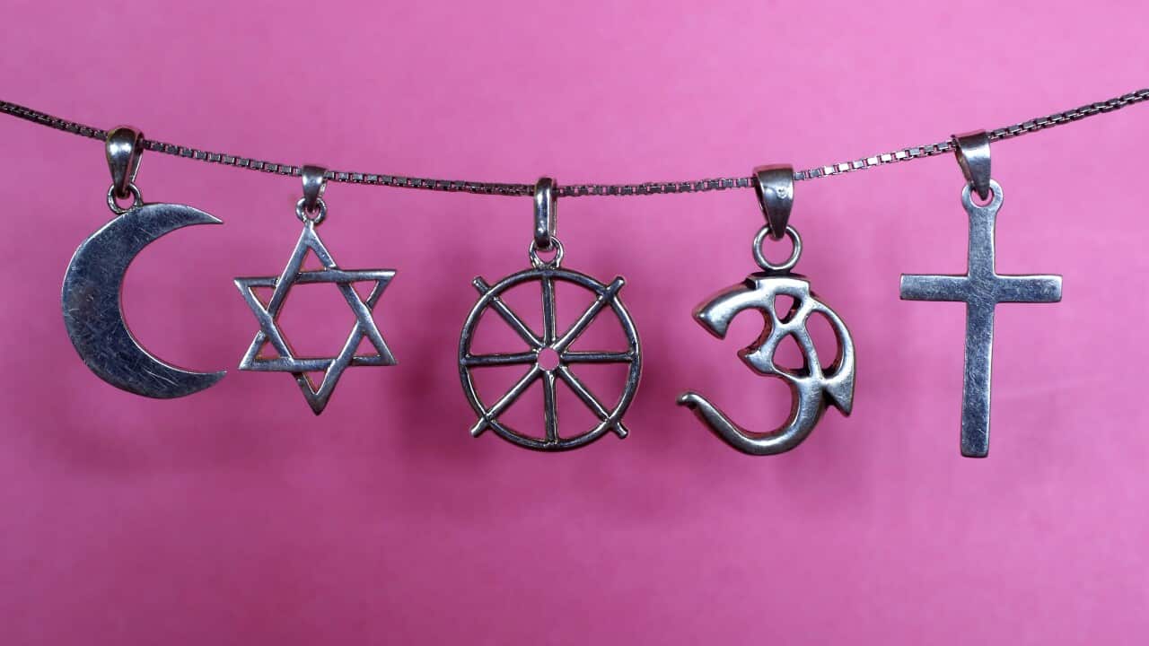 Symbols of Islam, Judaism, Buddhism, Hinduism and Christianity.