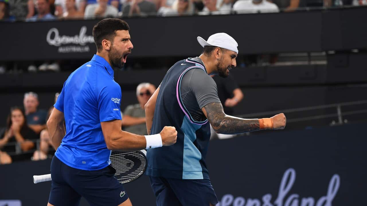 Novak Djokovic and Nick Kyrgios react during the Brisbane International Second Round doubles match against Nikola Mektic and Michael Venus