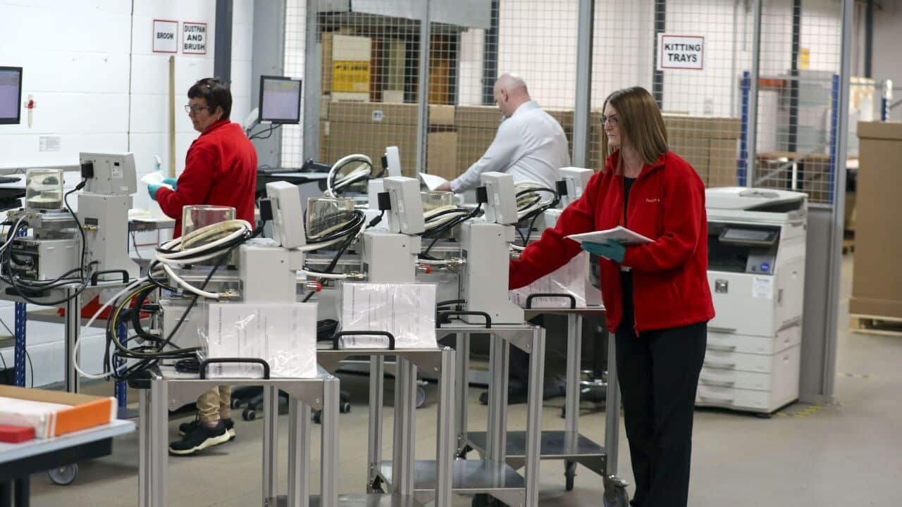 Staff test ventilators ahead of them being shipped out to the NHS, in Abingdon, England, Tuesday, 21 April, 2020.