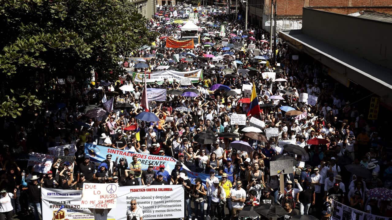 Thousands of people protest during the National Strike in Medellin, Colombia.