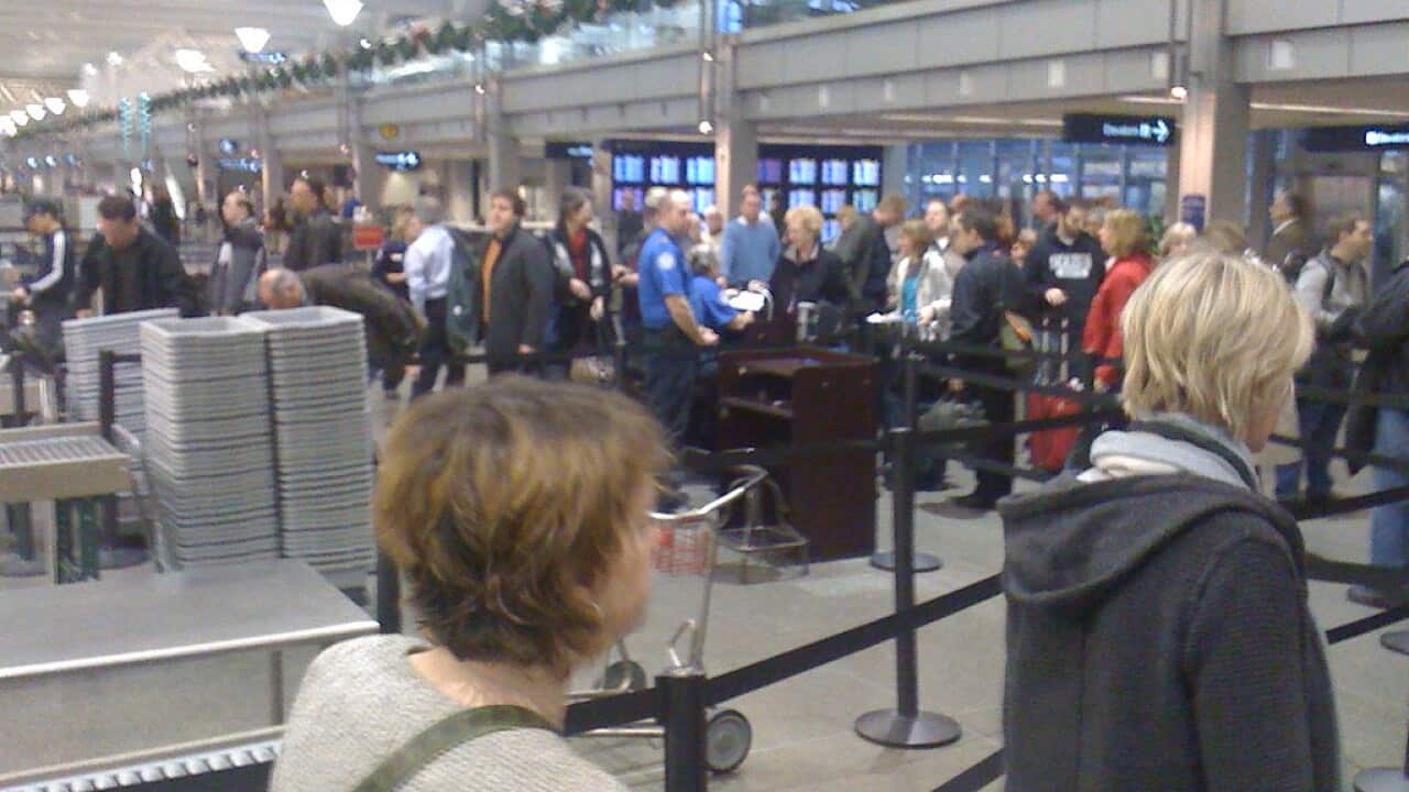 Airport queue. Airports changed after 9/11.