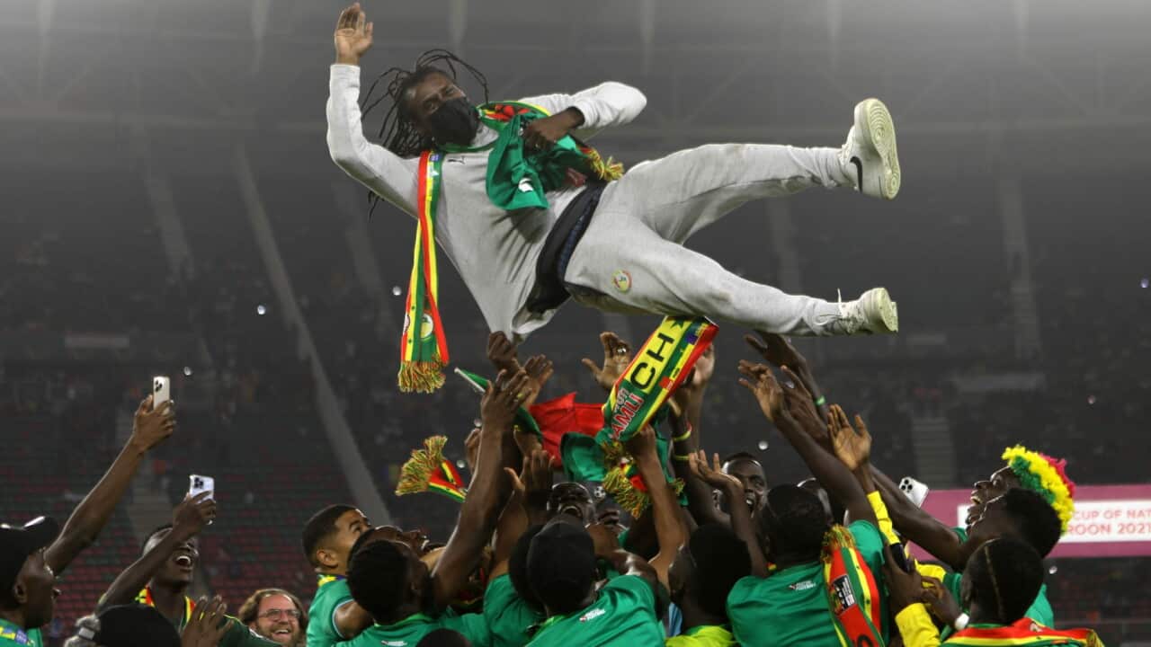 Wachezaji wa Senegal wamrusha hewani mwalimu wao Aliou Cissé, wakisherehekea ushindi wao katika fainali ya kombe la Afrika katika uwanja wa Olembe, Cameroon.