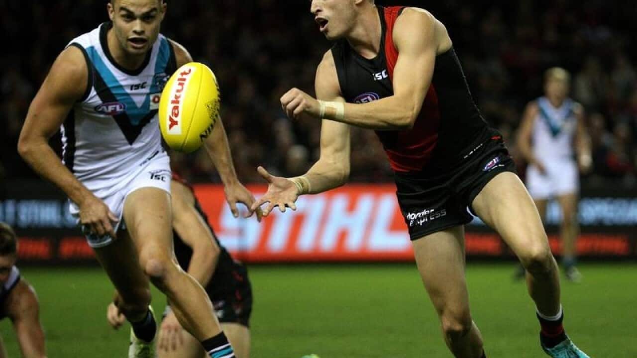 Orazio Fantasia of the Bombers handpasses during an AFL match.