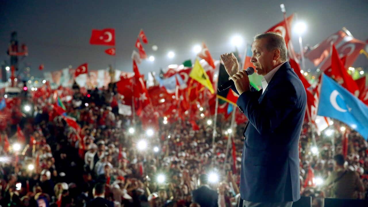Turkish President Recep Tayyip Erdogan delivers a speech during a Democracy and Martyrs' Rally in Istanbul, Sunday, Aug. 7, 2016.