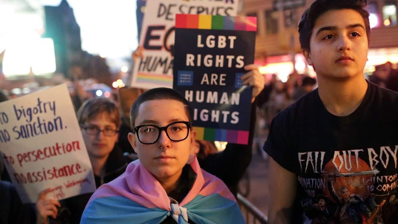 People protesting the Trump administration’s policies toward gender and gay rights in New York last year.