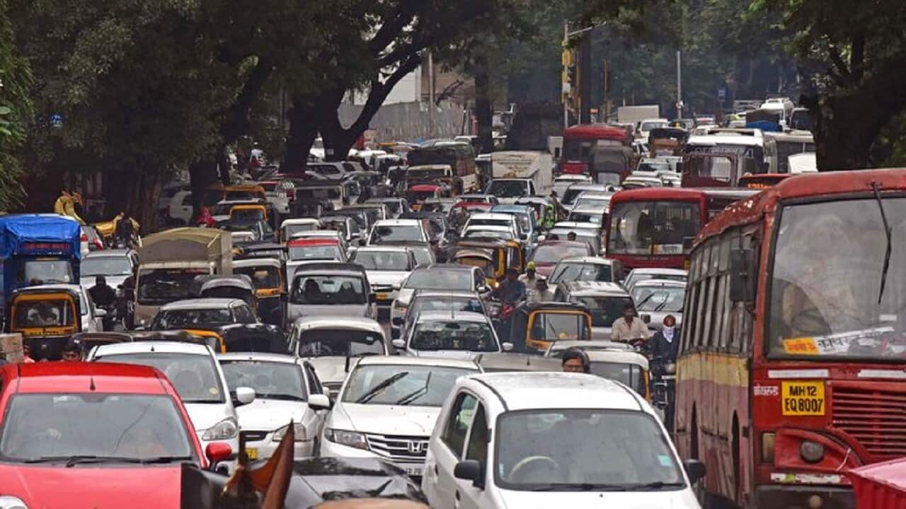 Traffic jam on JM road in Pune, India.