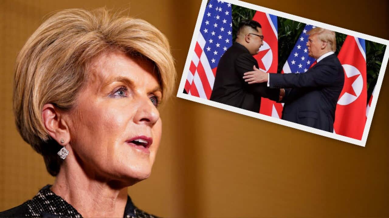 Foreign Minister Julie Bishop at a VCCI event in Melbourne , (Inset) Kim Jong-un and Donald Trump meet to start their Singapore summit