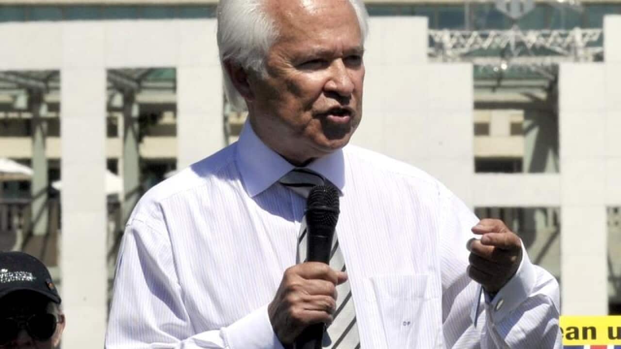 File image of David Flint speaking at the Rotten to the Core rally.