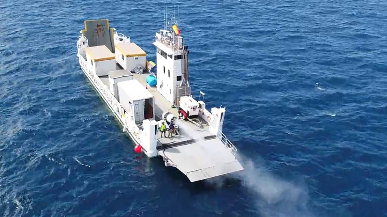 A supplied image obtained on Friday, April 17, 2020, shows microscopic sea water droplets being sprayed into the air above the Great Barrier Reef.