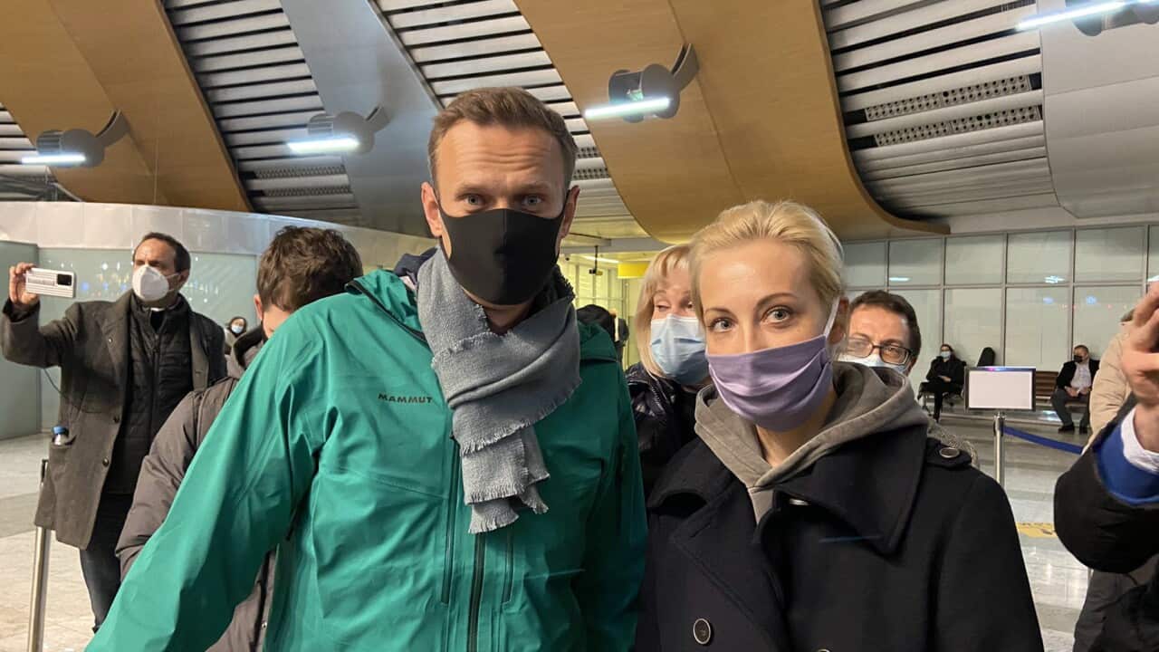 Alexei Navalny and his wife Yulia are passing through airport border control