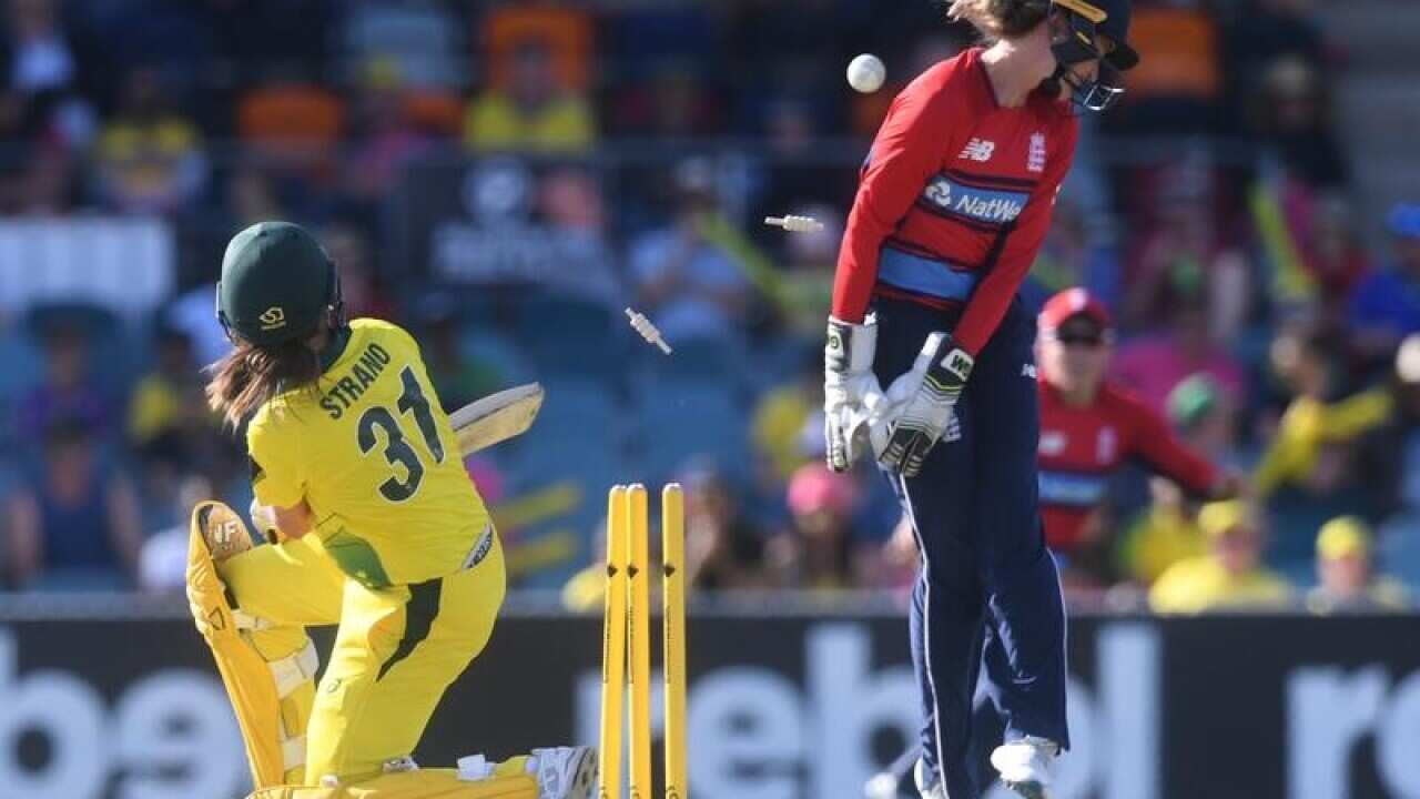 Molly Strano is bowled during the second Women's Ashes T20 match.