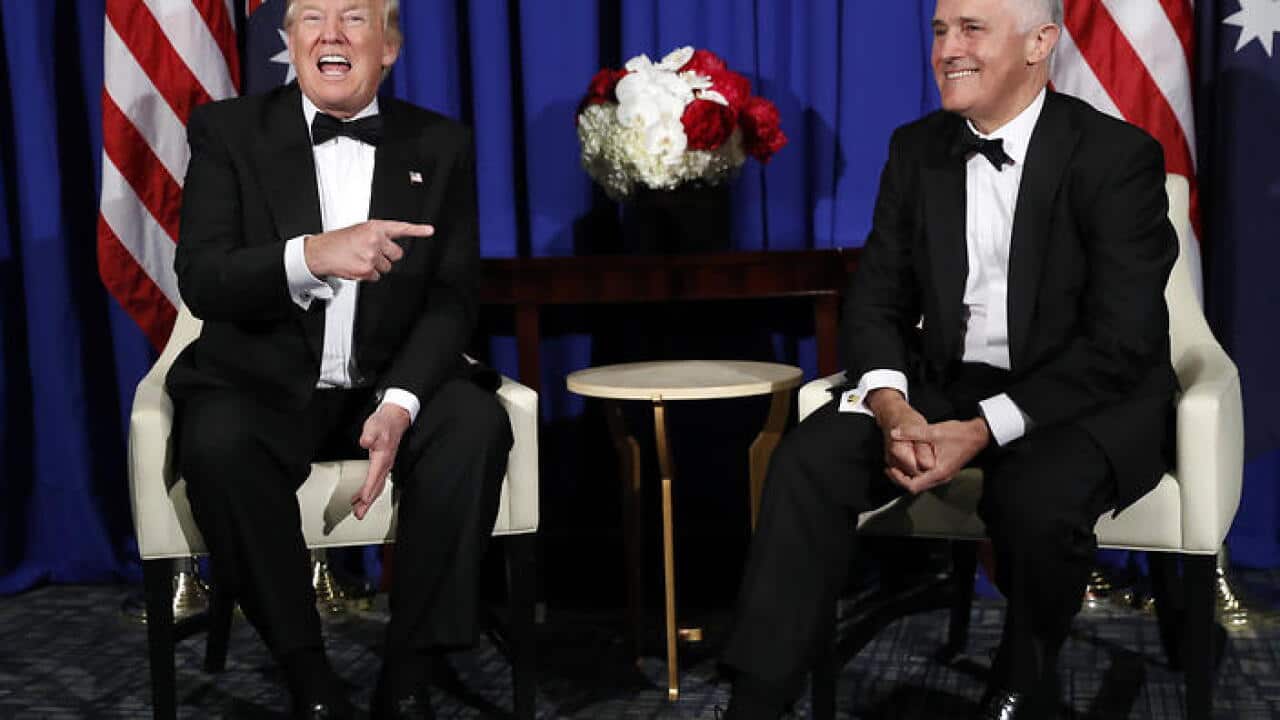 President Donald Trump meets with Australian Prime Minister Malcolm Turnbull aboard the USS Intrepid, a decommissioned aircraft carrier docked in the Hudson River in New York, Thursday, May 4, 2017. (AP Photo/Pablo Martinez Monsivais)