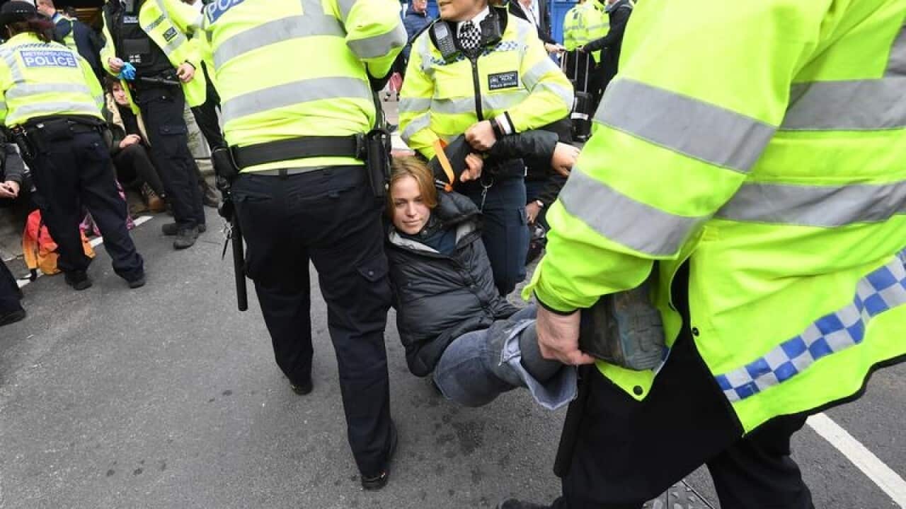 A Extinction Rebellion protester is arrested by police